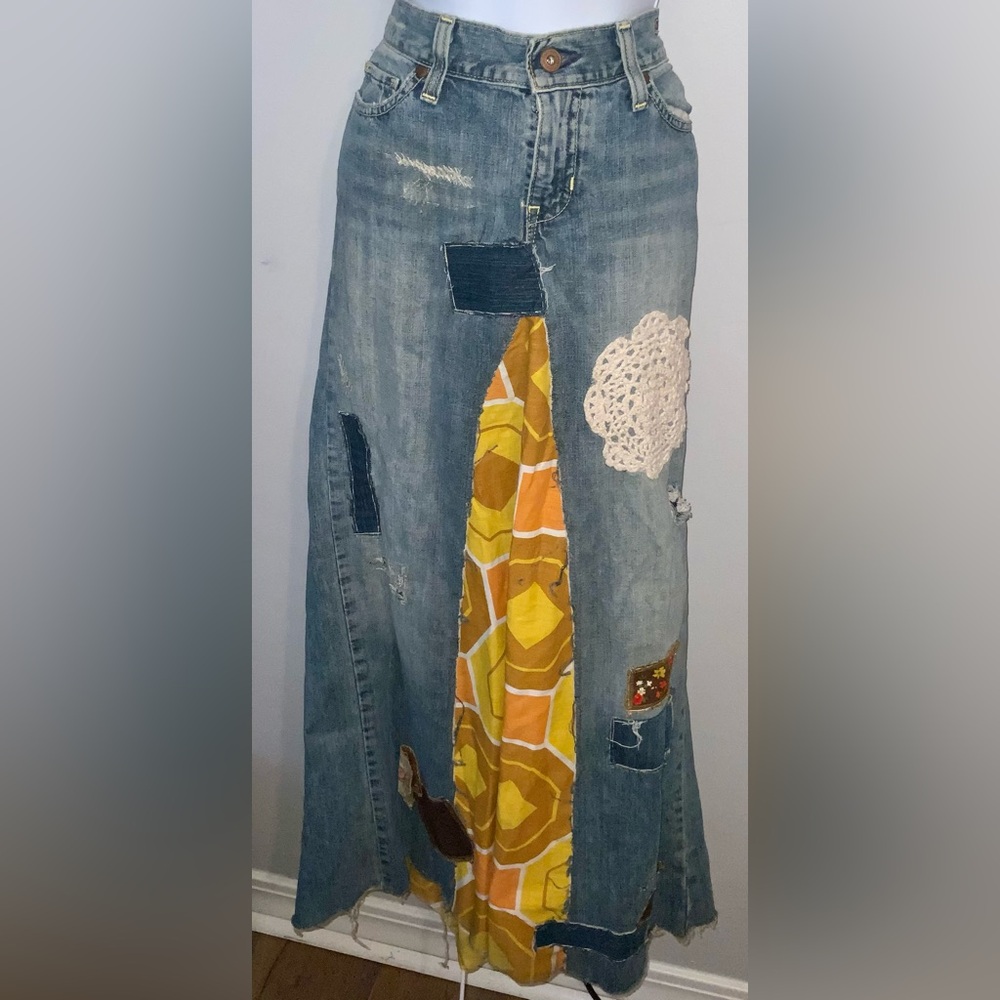Vintage Old Navy Upcycled Hippie Boho Denim Patchwork Maxi Skirt Sz 6 Regular